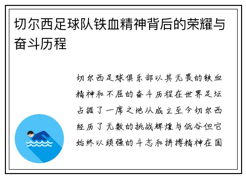 切尔西足球队铁血精神背后的荣耀与奋斗历程 切尔西足球队铁血精神背后的荣耀与奋斗历程