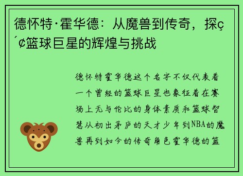 德怀特·霍华德:从魔兽到传奇,探索篮球巨星的辉煌与挑战 德怀特·霍华德:从魔兽到传奇,探索篮球巨星的辉煌与挑战