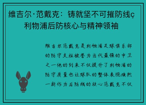 维吉尔·范戴克:铸就坚不可摧防线的利物浦后防核心与精神领袖 维吉尔·范戴克:铸就坚不可摧防线的利物浦后防核心与精神领袖