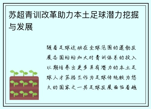 苏超青训改革助力本土足球潜力挖掘与发展 苏超青训改革助力本土足球潜力挖掘与发展